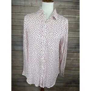 Beach Lunch Lounge Small Button Up Blouse Floral Red White Black Long Sleeve Top
